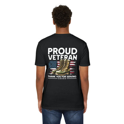 Proud Veteran T-Shirt — "Proud Veteran" with Military Boots & American Flag — Thank You for Serving