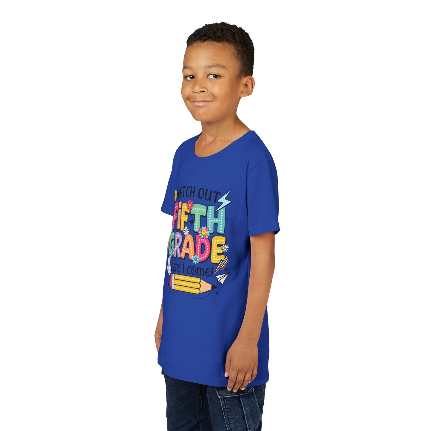 Fifth Grade Here I Come Youth Tee — Colorful Back-to-School Kids Shirt