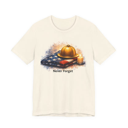 Never Forget Memorial T‑Shirt — Firefighter Helmet & Flag Tribute
