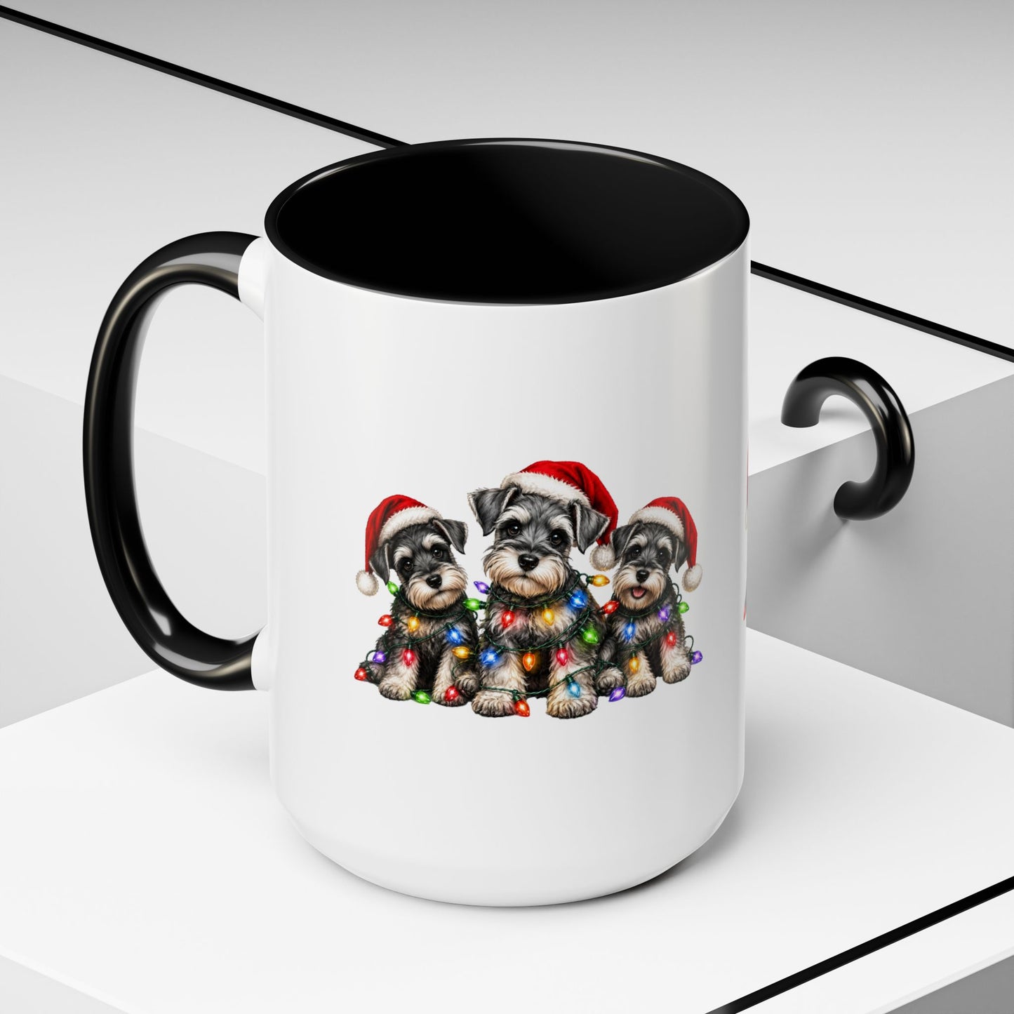 Christmas Puppy Coffee Mug — Cute Schnauzer Trio with Santa Hats & Holiday Lights (11/15oz)