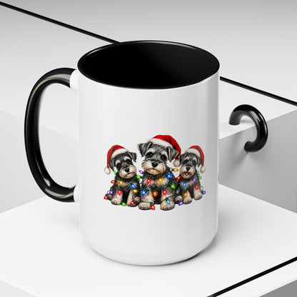 Christmas Puppy Coffee Mug — Cute Schnauzer Trio with Santa Hats & Holiday Lights (11/15oz)