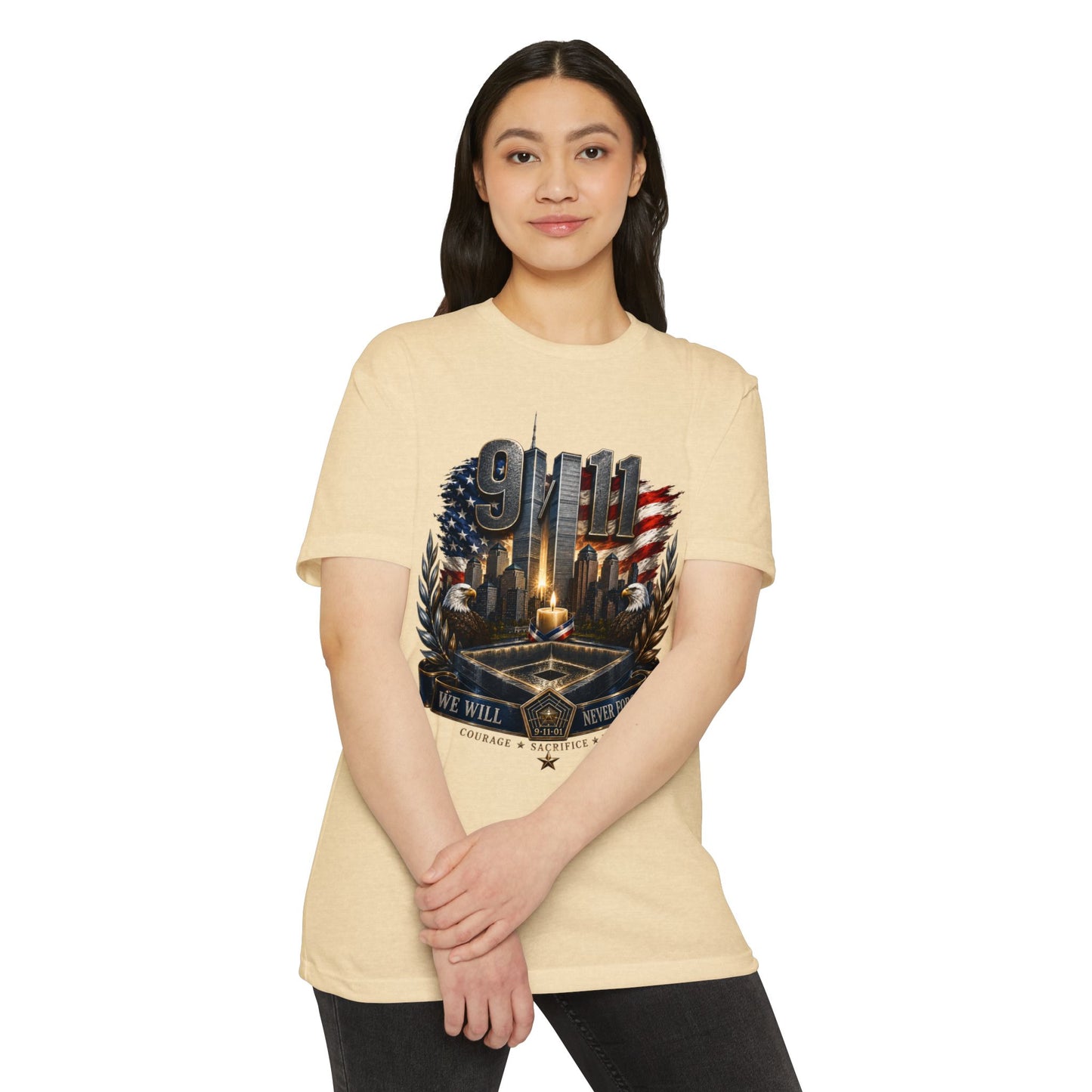 9/11 Never Forget Memorial T-Shirt — Tribute American Flag Skyline Tee