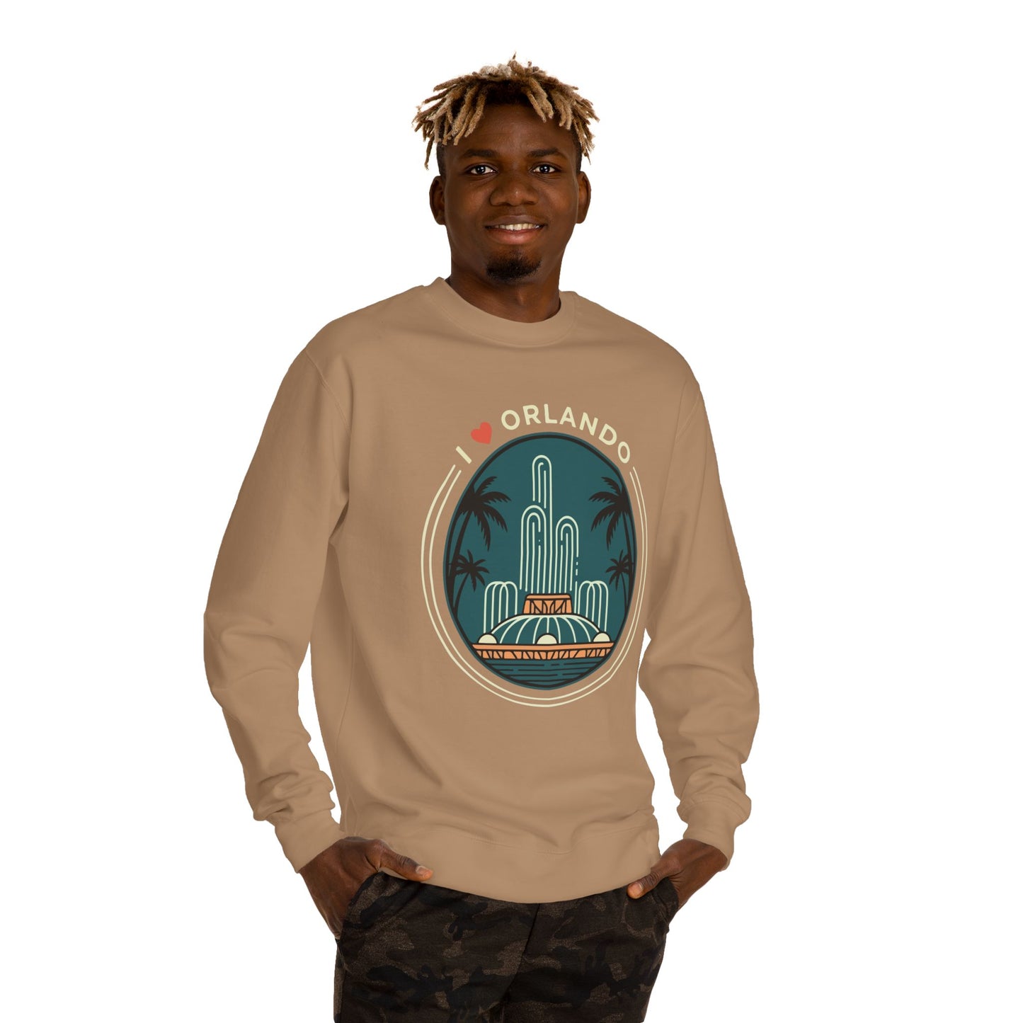 Orlando Fountain Crewneck Sweatshirt — Retro Palm Tree Cityscape