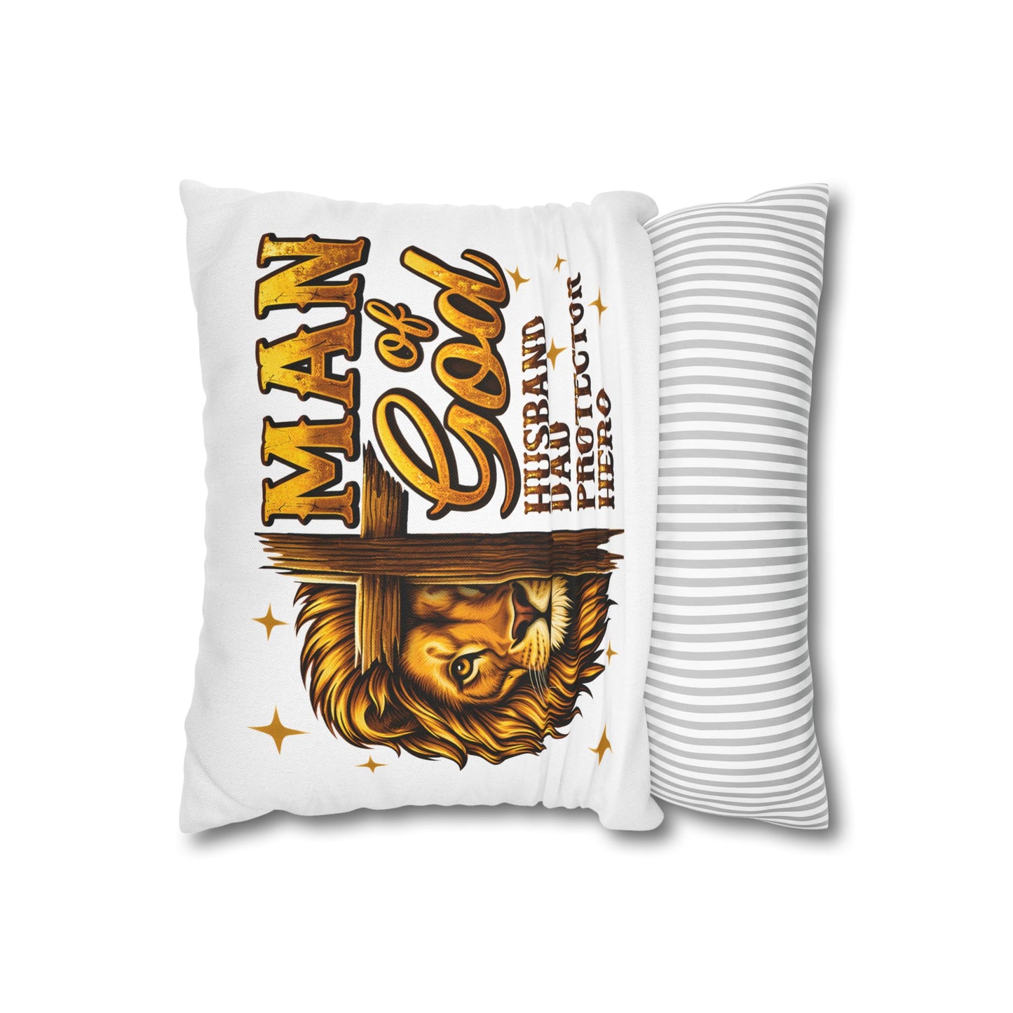 Christian Lion Cross Pillow — "Man of God" Husband Dad Protector Hero Throw Pillowcase