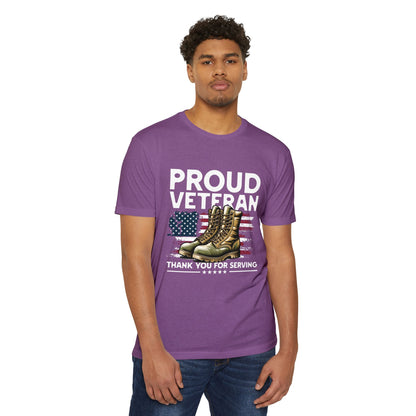Proud Veteran T-Shirt — "Proud Veteran" with Military Boots & American Flag — Thank You for Serving