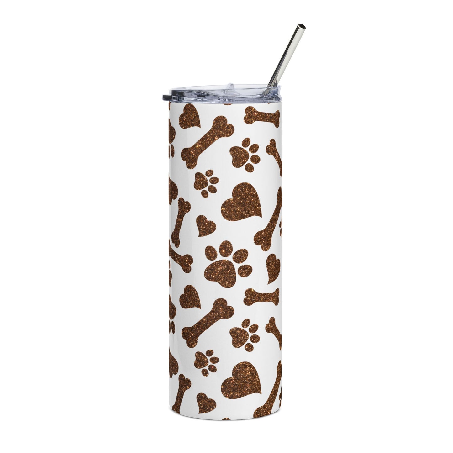20oz Stainless Steel Tumbler — Brown Paw Prints & Bones Pattern