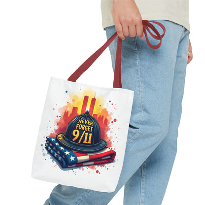 Never Forget 9/11 Memorial Tote Bag — Firefighter Helmet & Flag Tribute