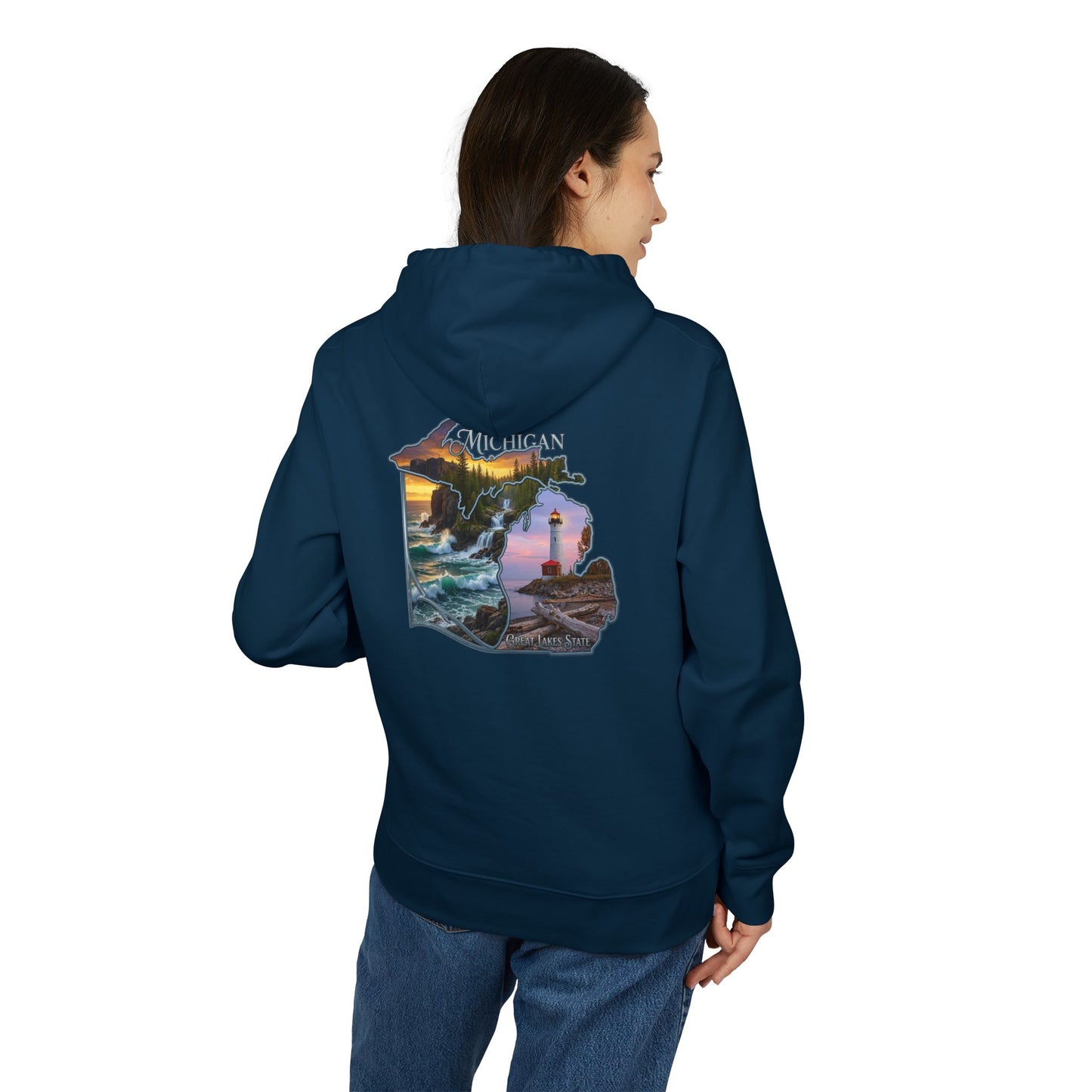 Michigan Lakeshore Hoodie — Scenic Lighthouse Sunset State Silhouette