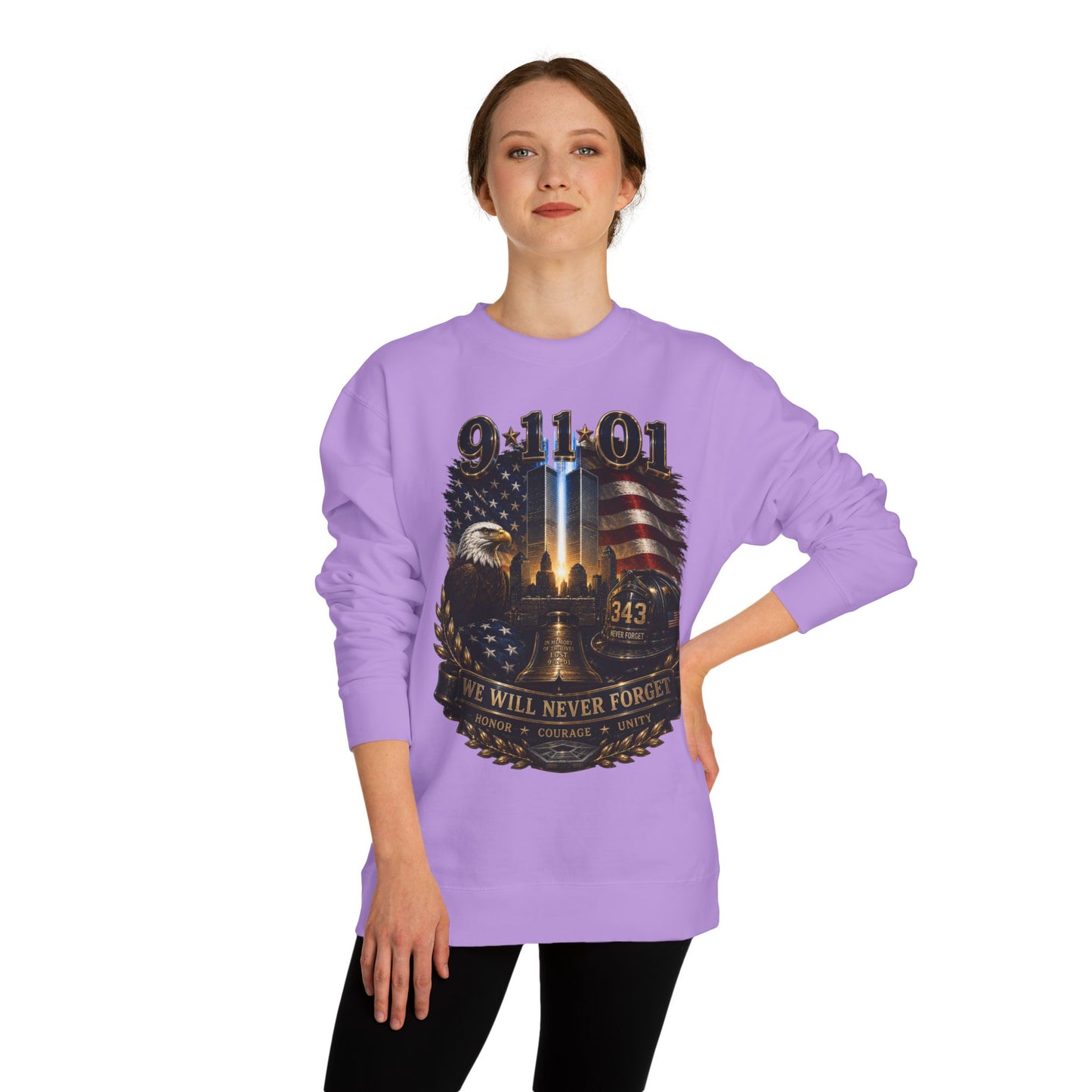 9/11 Remembrance Crewneck Sweatshirt — We Will Never Forget Memorial Tee
