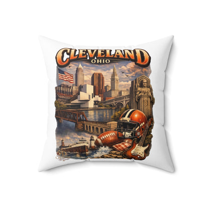 Cleveland Vintage Skyline Throw Pillow – Ohio Cityscape with Football & Rock Icons
