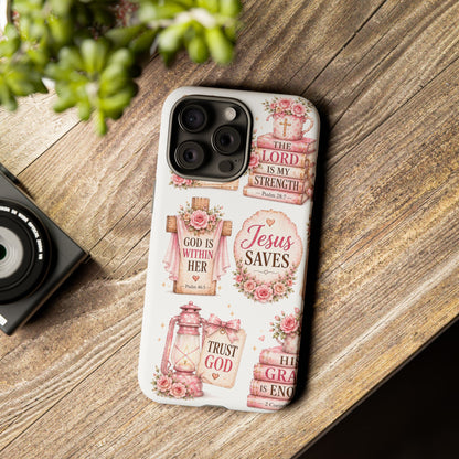 Christian Phone Case — Jesus Saves Floral Tough Case with 'God Is Within Her' & 'Trust God' Design