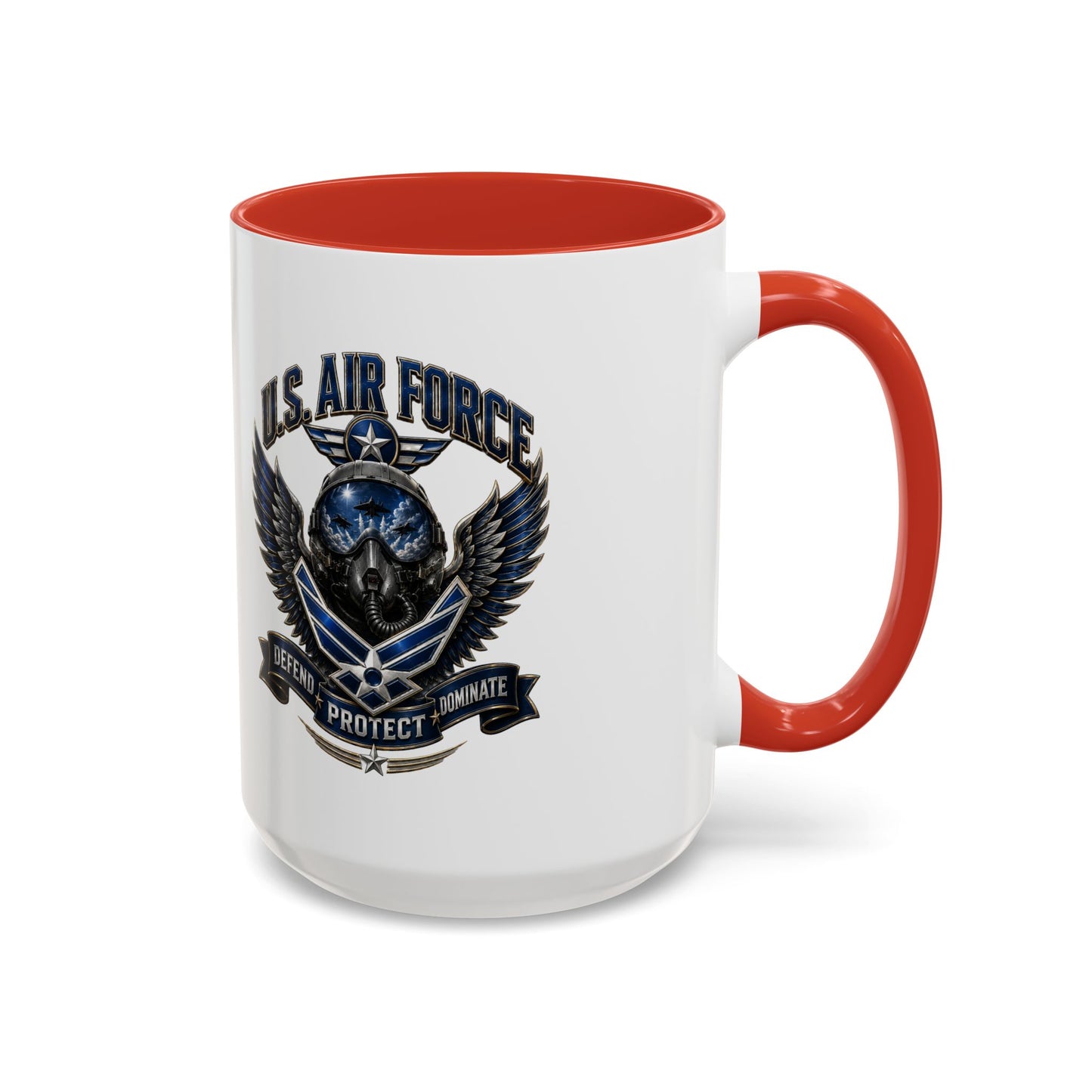 U.S. Air Force Emblem Accent Coffee Mug — Defend Protect Dominate (11/15oz)