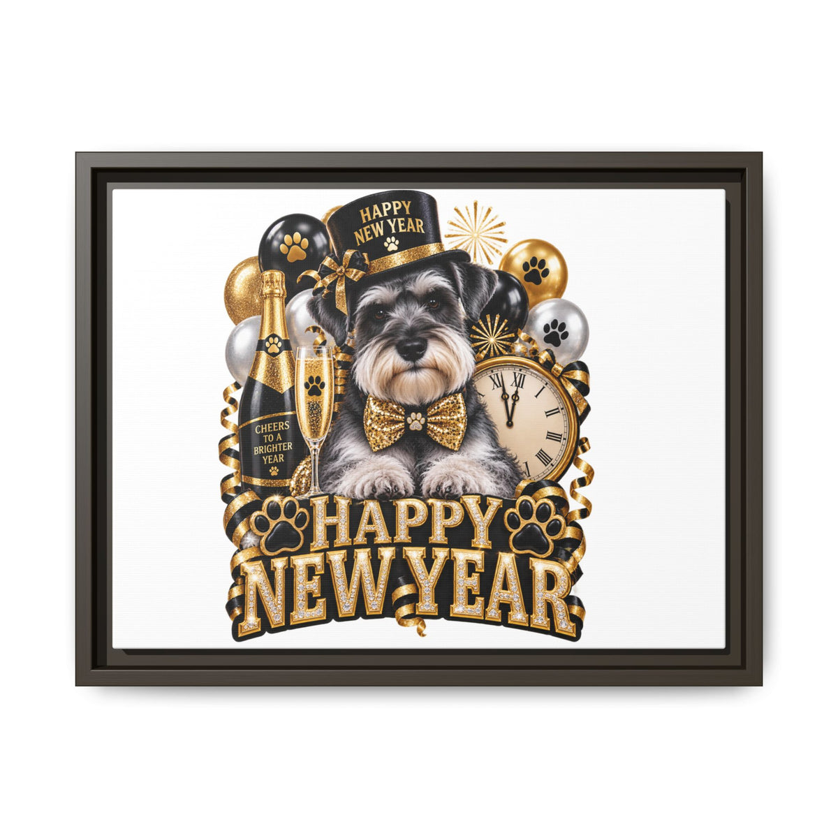 Happy New Year Schnauzer Matte Canvas Framed Art