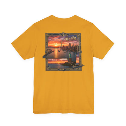 New York Sunset Skyline Tee — Statue of Liberty Vintage Travel T‑Shirt