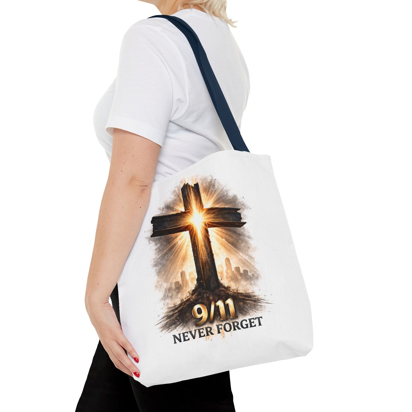 9/11 Never Forget Cross Memorial Tote Bag — Patriotic Remembrance Shopper