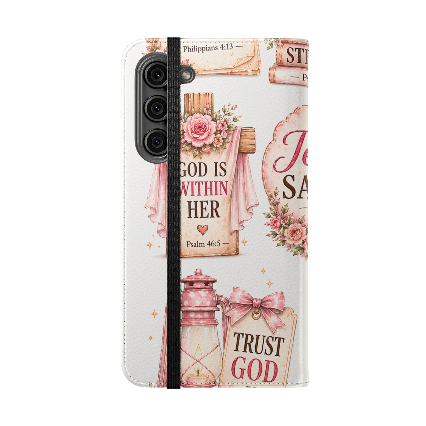 Christian Floral Phone Flip Case — "Jesus Saves" & Inspirational Scripture Wallet Cover
