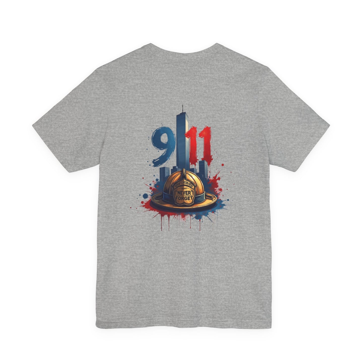 9/11 Firefighter Memorial Tee — Tribute T-Shirt with Helmet & Twin Towers Design
