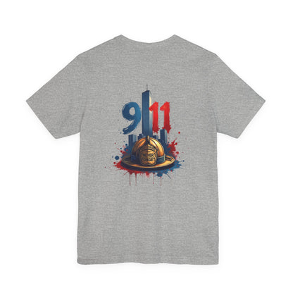 9/11 Firefighter Memorial Tee — Tribute T-Shirt with Helmet & Twin Towers Design