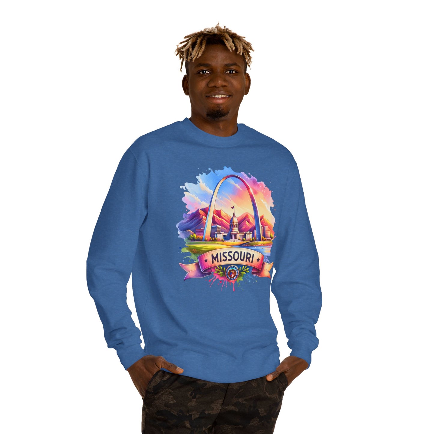 Missouri Arch Watercolor Sweatshirt — Colorful St. Louis Landmark Crewneck