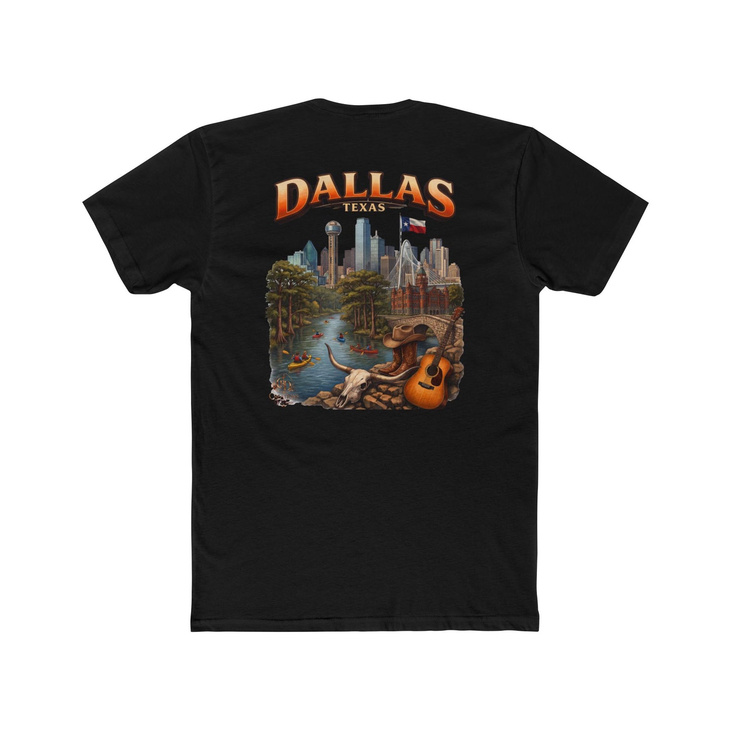 Dallas Skyline Graphic Tee — Retro Cityscape with Guitar