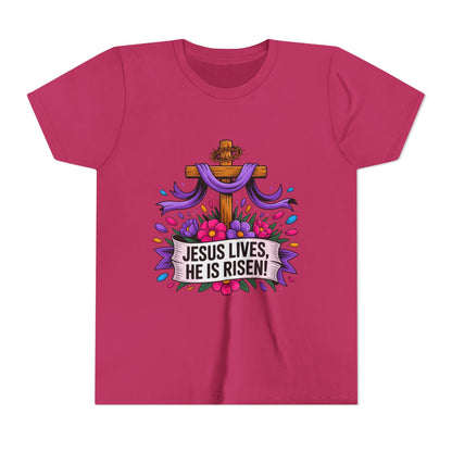Youth Tee — "Jesus Lives, He Is Risen!" Easter Christian Tee