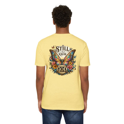 Christian Butterfly T-Shirt — "Be Still and Know That I Am God" Inspirational Tee