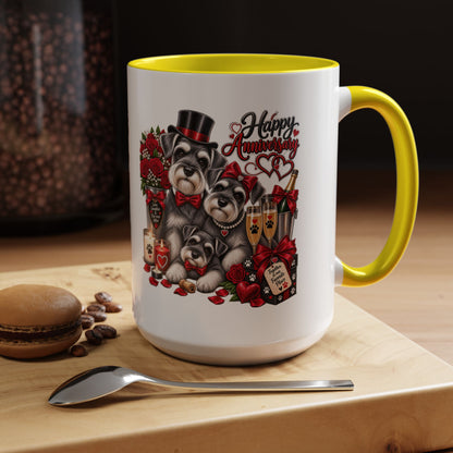 Happy Anniversary Dog Coffee Mug — Cute Pups, Champagne & Roses Accent Mug