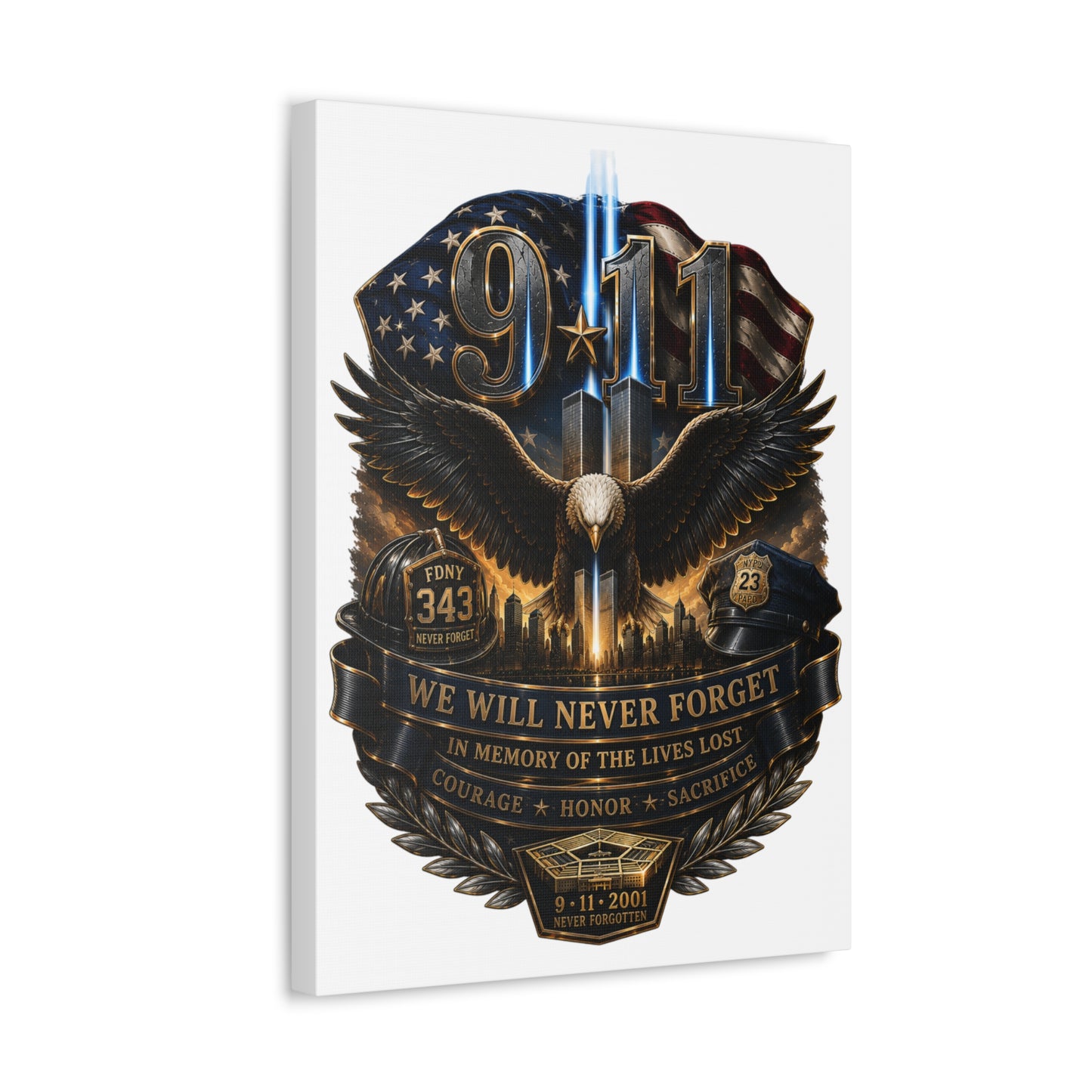 9/11 Memorial Stretched Canvas – We Will Never Forget Tribute Wall Art