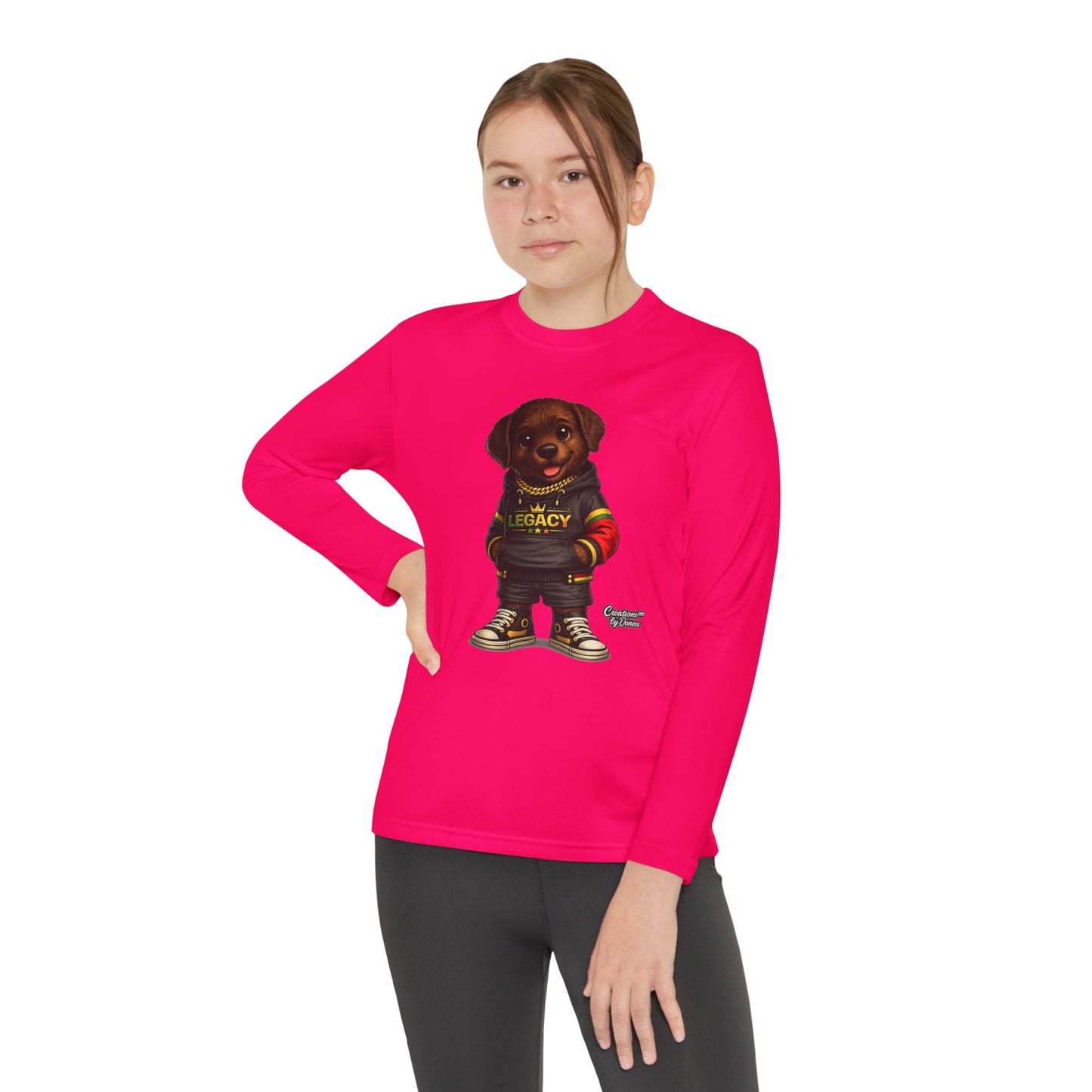 Kids Long Sleeve Tee — Brown Puppy Wearing 'Legacy' Hoodie Graphic