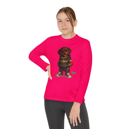 Kids Long Sleeve Tee — Brown Puppy Wearing 'Legacy' Hoodie Graphic