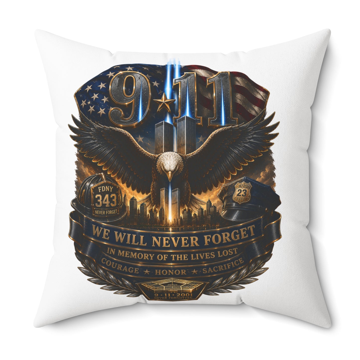 9/11 Memorial Eagle Pillow — "We Will Never Forget" Tribute Accent Pillow