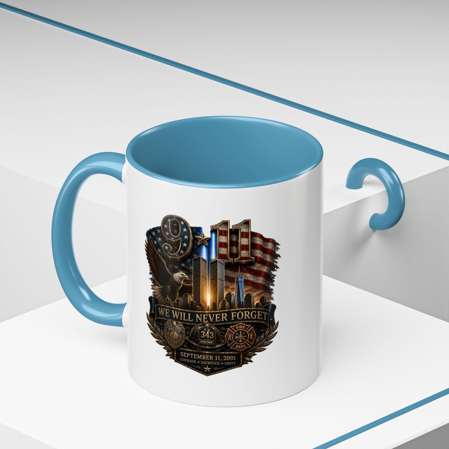 We Will Never Forget 9/11 Memorial Coffee Mug — Patriotic Tribute Accent Mug