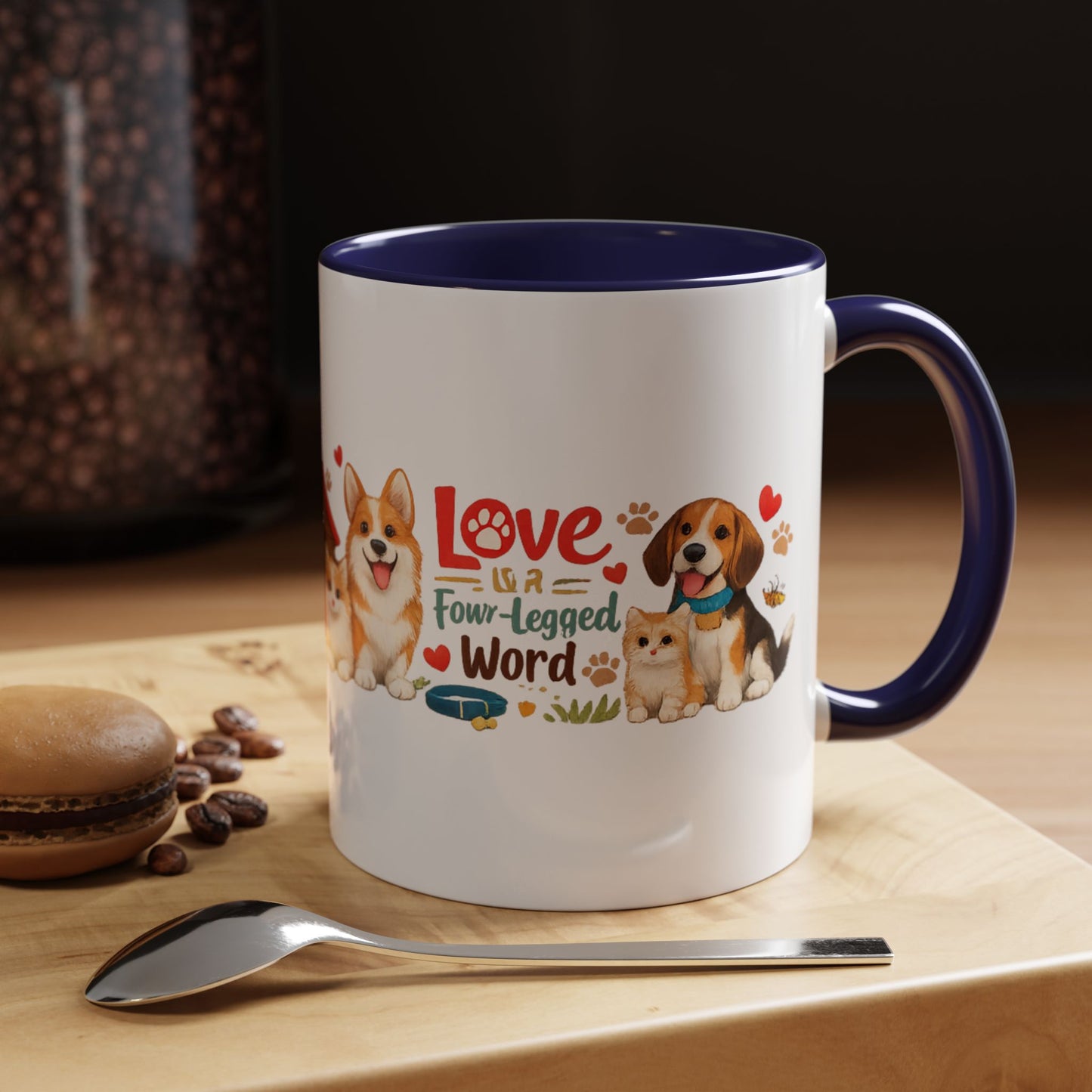 Dog Lover Accent Coffee Mug — “Love is a Four-Legged Word” Ceramic Gift
