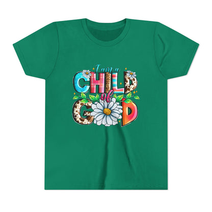 Youth Tee — "I Am a Child of God" Floral Christian Graphic