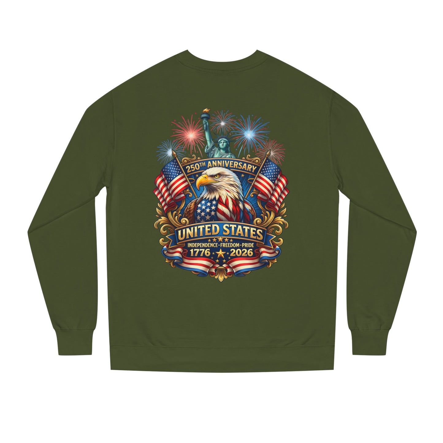 250th Anniversary United States Sweatshirt — Patriotic Eagle, Flags & Fireworks (1776–2026)