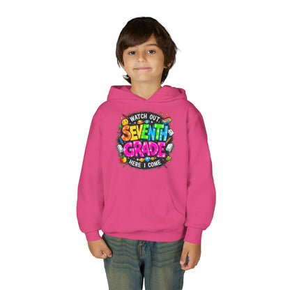 Seventh Grade Hoodie – "Watch Out Seventh Grade Here I Come" Colorful Back-to-School Youth Sweatshirt