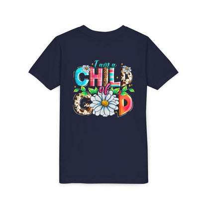 Youth Tee — "I Am a Child of God" Floral Christian Graphic