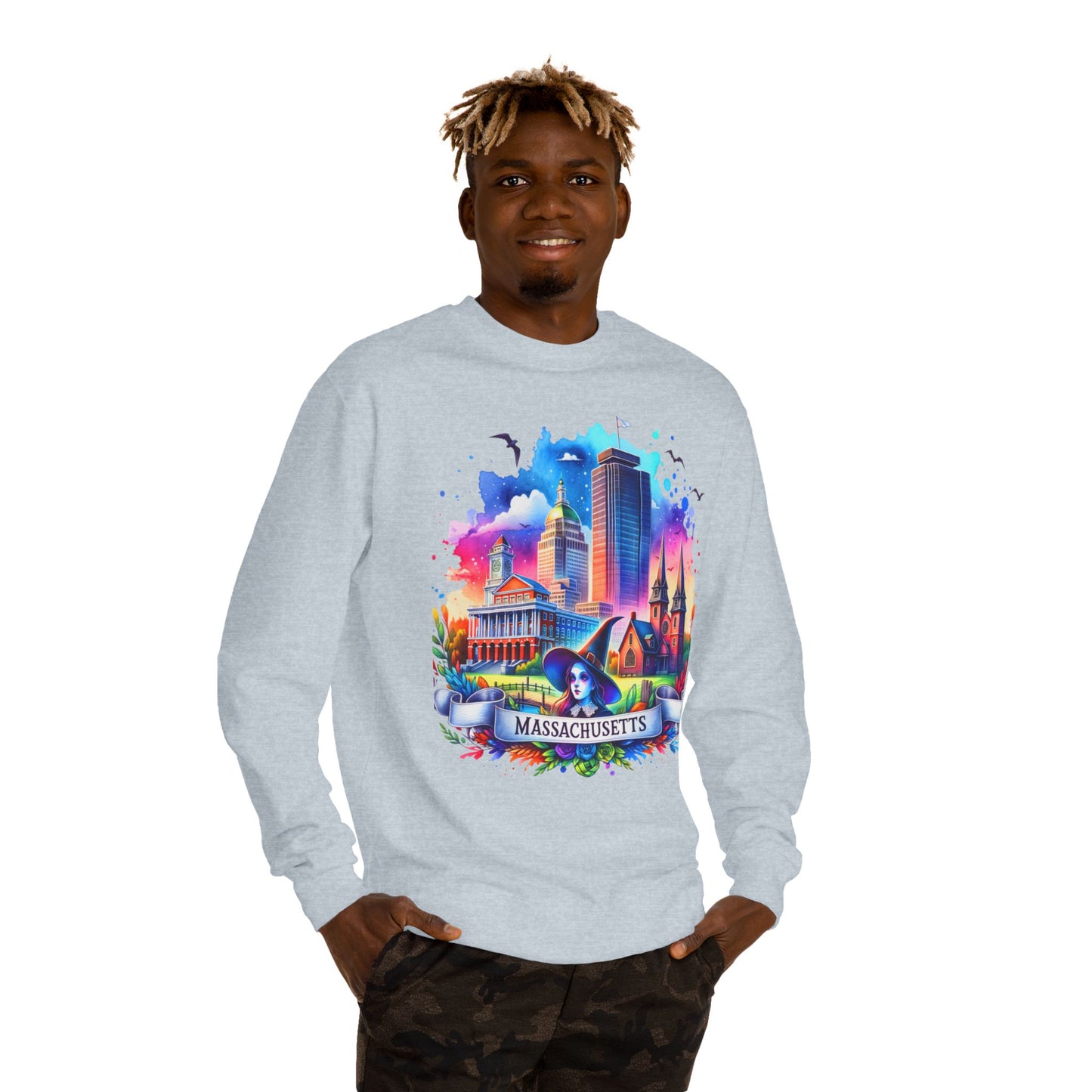 Massachusetts Skyline Crewneck Sweatshirt — Colorful Boston Landmark Graphic