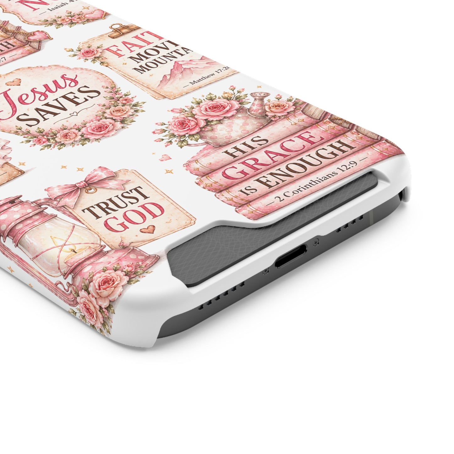 Christian Phone Case with Card Holder — 'Jesus Saves' Floral Scripture Design