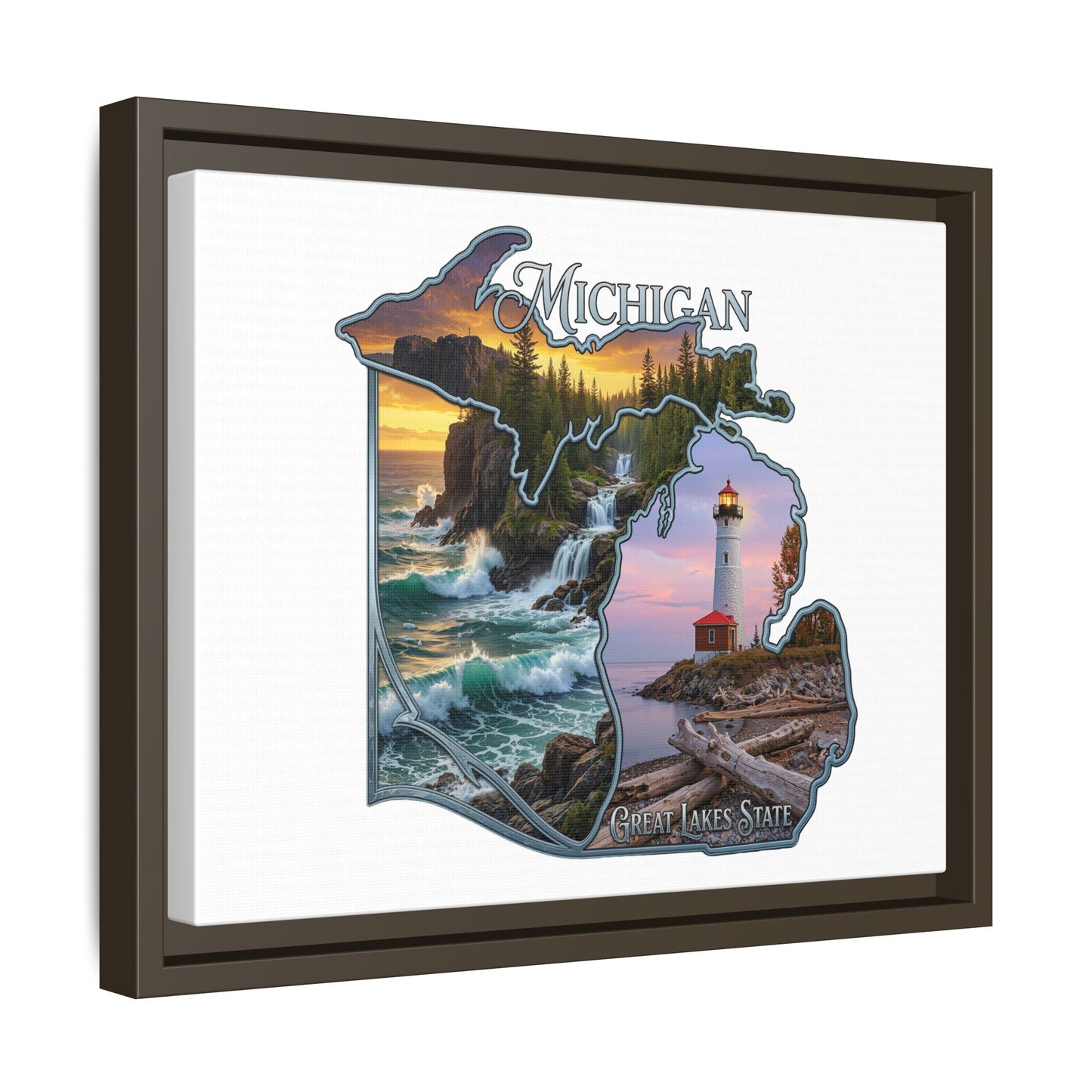 Michigan Framed Canvas Wall Art — Great Lakes State Lighthouse & Shoreline Print