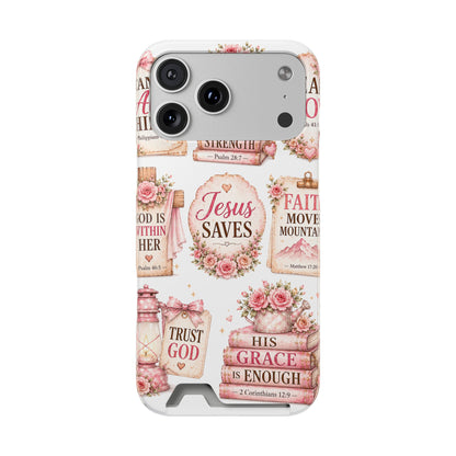 Christian Phone Case with Card Holder — 'Jesus Saves' Floral Scripture Design