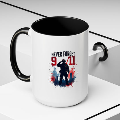 Never Forget 9/11 Accent Coffee Mug — Patriotic Memorial Tribute (11oz, 15oz)