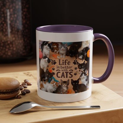Cat Lover Accent Coffee Mug — “Life Is Better With Cats” 11/15oz