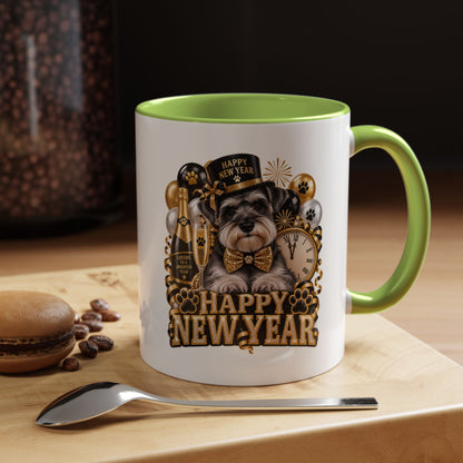 Happy New Year Dog Coffee Mug — Festive Black & Gold 11/15oz Accent Mug
