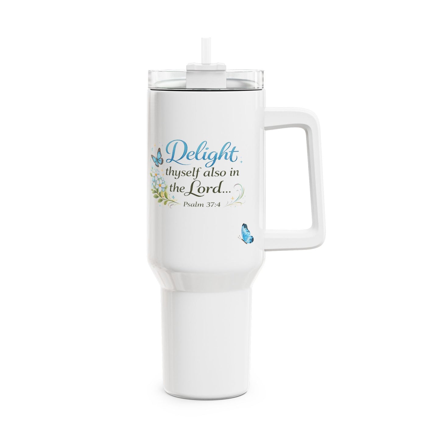 Scripture Tumbler 40oz — "Delight thyself also in the Lord" Floral Butterfly Travel Cup