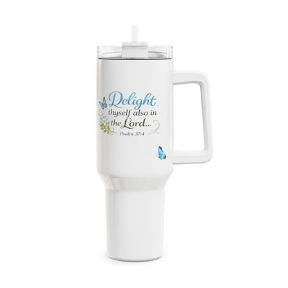 Scripture Tumbler 40oz — "Delight thyself also in the Lord" Floral Butterfly Travel Cup