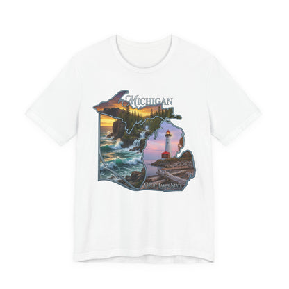 Michigan Scenic Map T-Shirt — Great Lakes Lighthouse Sunset Tee