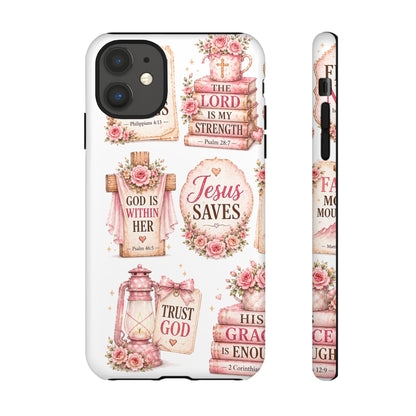 Christian Phone Case — Jesus Saves Floral Tough Case with 'God Is Within Her' & 'Trust God' Design