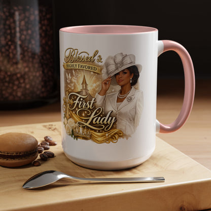 First Lady Inspirational Coffee Mug — "Blessed & Highly Favored" Accent Ceramic Mug