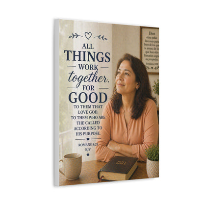 All Things Work Together For Good Stretched Canvas – Romans 8:28 Inspirational Christian Wall Art
